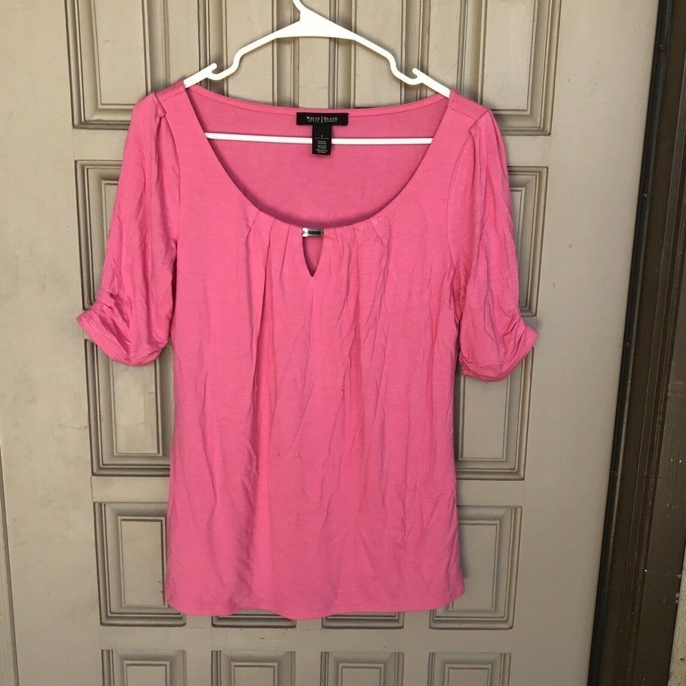 White House Black Market Blouse Pink Gold Bar Lined Stretchy Short Sleeves Pre-O